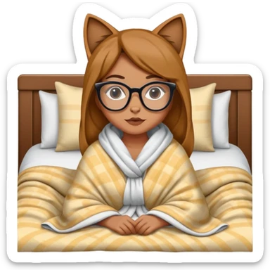 Wanita berkulit sawo mateng, pakai kacamata berbentuk mata kucing, menyelimuti diri dari kelapa sampe kaki sambil duduk di tempat tidur sticker