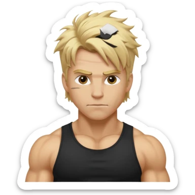 Gym rat with blond hair and black t shirt, and messy hair. And muscular sticker