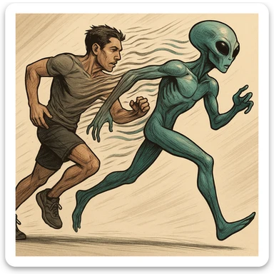 a human transforming into a running alien, dynamic motion, mid-morph, energetic, clear transition from human to alien sticker
