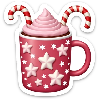 hot chocolate in red and pink pastel christmas mug with stars and candy cane, trendy aesthetic sticker