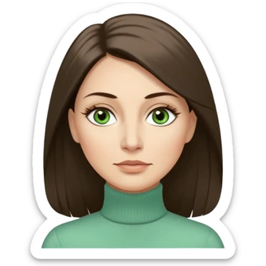 43 year old Adult woman avatar, light skin tone, long, oval face, long straight ashy brown hair, green almond-shaped eyes with dramatic eyelashes and minimal eyeliner, neutral mouth, medium straight eyebrows, average nose, smooth skin,  mint green turtle neck  sticker