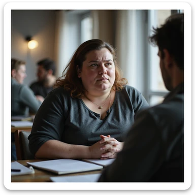 obese woman freezing during a conversation, confused expression, social or work environment, hyperrealistic 4K details, signs of cognitive slowing sticker