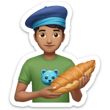 a man with green fortnite tshirt indian he has a cool hat and has a crousant with blou flesh sticker