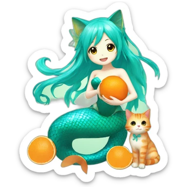 hatsune miku as a mermaid holding an orange cat sticker