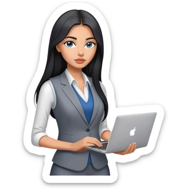 Glamours tanned very beautiful girl with pump peach nude lips and black straight smooth long hair, blue-grey eyes in grey v-neck suit vest only vest with MacBook sticker