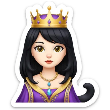 cat in royal queen attire, long flowing black wig sticker