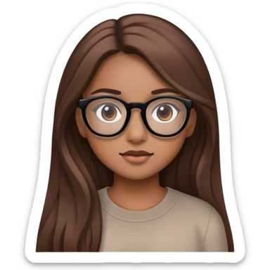 girl with a very light brown skin, long brown hair, brown eyes and black glasses sticker