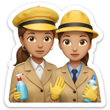 A cleaning Lady with Brown hair, high ponytail and yellow cleaning gloths is Talking to a Detektive with beige had, a beige coap and he is interviewing the cleaning Lady sticker