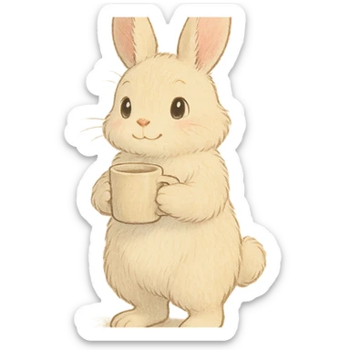 full-body fluffy cream bunny with big teardrop eyes holding a coffee mug with both hands, cozy expression, standing pose, pastel soft tones, soft Ghibli style sticker