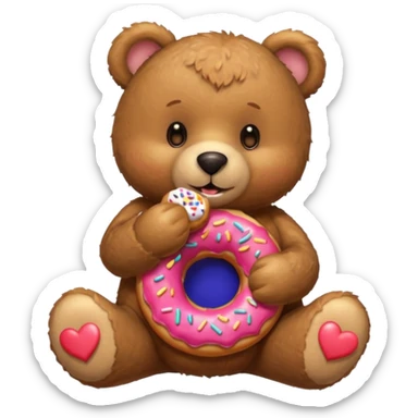 Teddy bear eating donut and with some cute heart around sticker