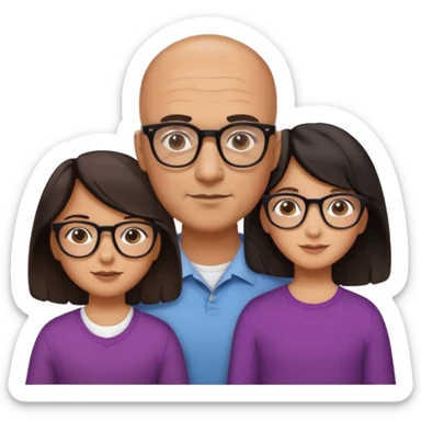 Papà calvo con occhiali, mamma capelli neri occhi marroni no occhiali, figlia capelli marroni mossi e occhiali tartarugati con montatura spessa occhi marroni, figlia capelli lisci marroni occhiali neri con montatura grande e fina occhi marroni  sticker