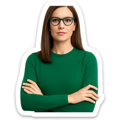 businesswoman CEO wearing an emerald green sweater, medium straight brown hair, emerald green glasses, leadership presence sticker