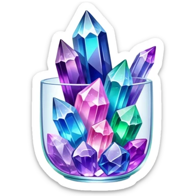 Close-up of vibrant, multicolored crystals growing in a glass container on a wooden table. Crystals in shades of purple, blue, green, pink, and clear are forming in various shapes and sizes. Soft light shines on them. Cozy indoor setting with plants and soft decor in the background. sticker