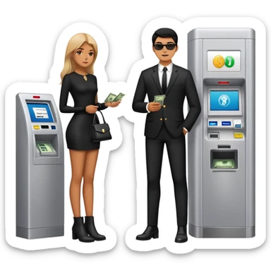 girl wearing black pleaser bootie, waiting beside atm, with a man taking money out  sticker