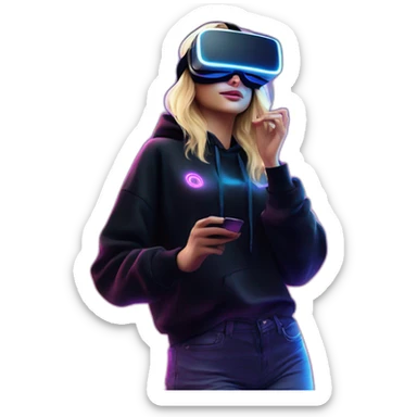 Russian blondy girl celebrating her birthday wearing a black hoodie and VR headset in a cyberpunk VR environment with violet neon lighting sticker