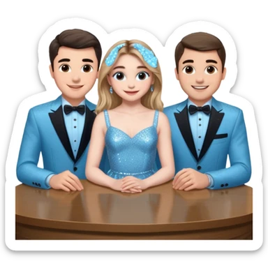 Sabrina carpenter in a light blue sparkly dress at a table with 3 handsome men, and she is standing up reaching over  sticker