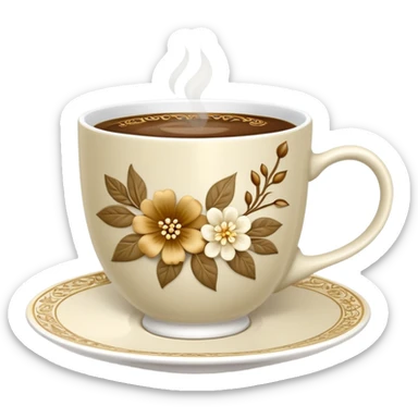 Cinematic Realistic sophisticated cup filled with khaki coffee with flower ornament sticker