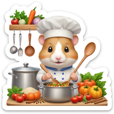A cute hamster wearing a chef's hat, stirring a pot of colorful plov with a wooden spoon in a cozy kitchen, surrounded by vegetables and spices, smiling happily. sticker