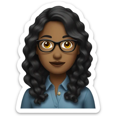 woman, long little bit wavy black hair, glasses sticker