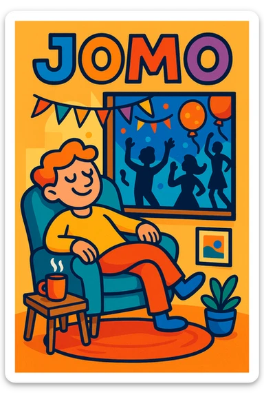 JOMO (joy of missing out) as a whimsical illustration, with a smiling character lounging at home while a party happens outside the window, vibrant toon style sticker