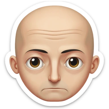 Steven Miller, bald, very grim expression, very narrow rectangular head, pronounced sagging eyelids lower on the outer sides, bottom lip sticking out sticker