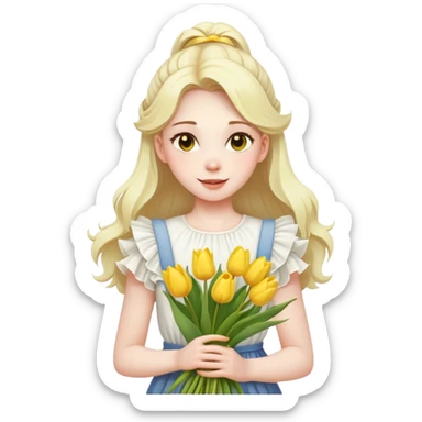  A girl with a half-up half-down hairstyle, and a white ruffled top, enjoying the spring breeze.Holding a bundle of yellow tulips sticker