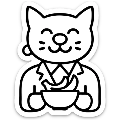 cat with a dog nose, wearing a suit, earring, holding a cup of bananas, playful expression sticker