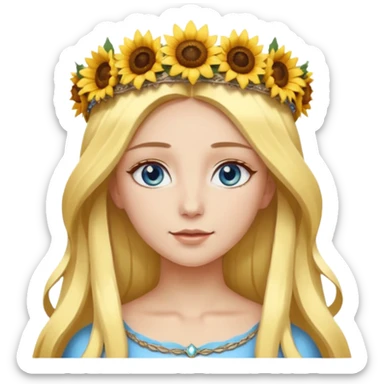 portrait woman long blonde hair blue eyes white skin wearing sunflower halo crown sticker