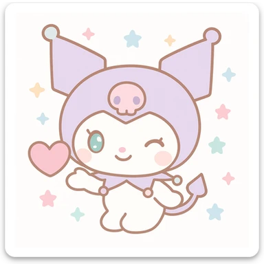 Kuromi character winking and presenting a heart, kawaii style, heart floating beside face sticker
