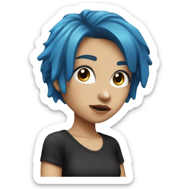 girl with blue hair and empty white eyes in a black T-shirt sticker