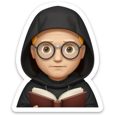 Monk priest prayer black habit with hood round black glasses done light brown wavy hair under hood remove the medallion smaller more round glassed age 46 no necklace more oval face hand holding book that says RB 480 top left is great add a little hair brown gray under hood  sticker