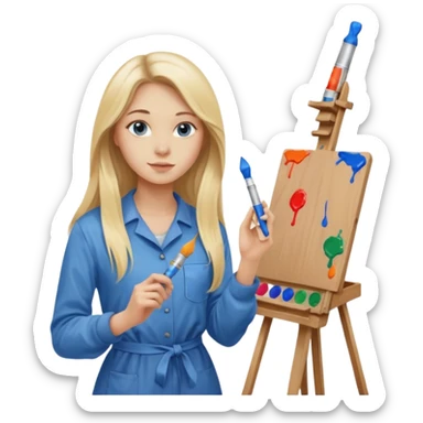 female artist, 20 years old, blonde with long hair, blue eyes, beautiful, confident, thin. In the hands of paints, she is near the easel, 20th century sticker