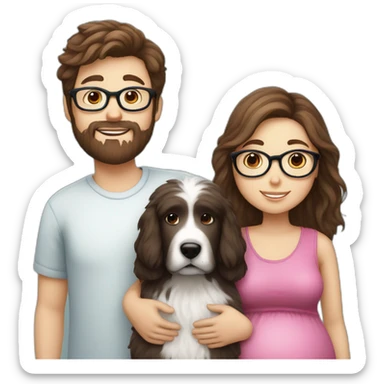 Pregnant girl with half long brown hair with glasses, a boy with long beard, glasses and short hair and english sheepdog sticker