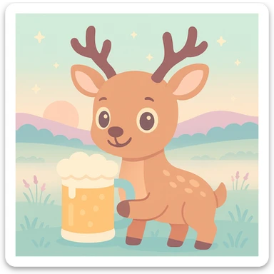 CERVID stag deer with big anime cartoon eyes, cute, in a Scottish meadow at sunrise with mist, holding a massive beer mug sticker
