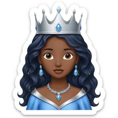 Por favor hazme el emoji de la princesa pero morena con el pelo negro y ondulado y largo, los ojos marrones y la corona plateada con jollas azules sticker
