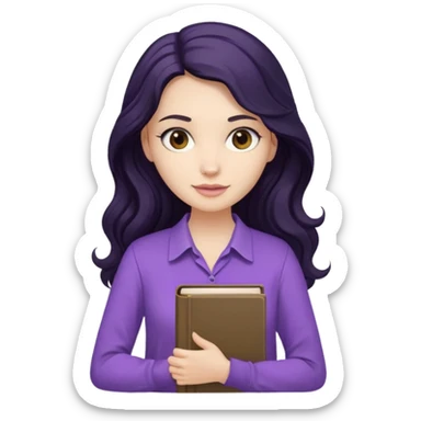 Long Hair Women with Black wavy hair, with purple Book, beige shir, without background sticker