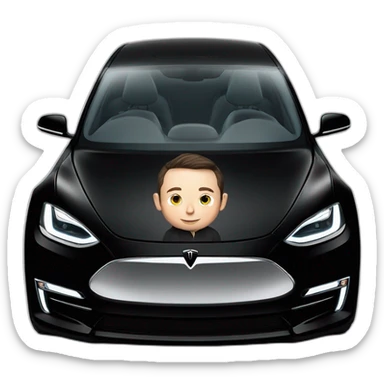 small photo-realistic Elon Musk inside an all black Tesla Model 3, front view sticker