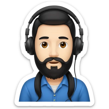 Boy with long black hair and a big beard wearing headphones sticker