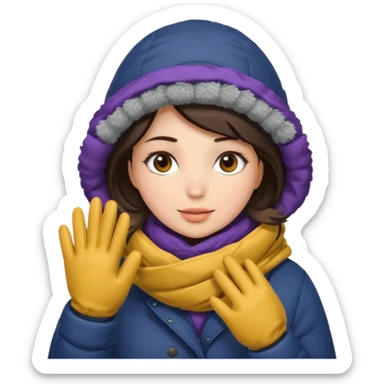Brunette woman bundled up with parka, hat, scarf, and glvoes. The scarf covers her face  sticker