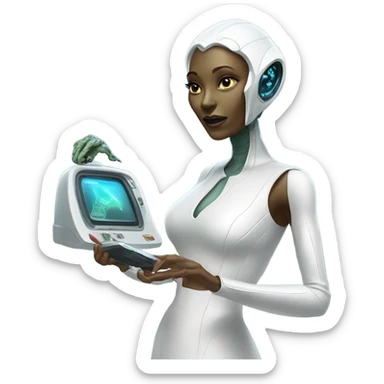  a Reptilian alien woman, in white dress, use a drive console sticker
