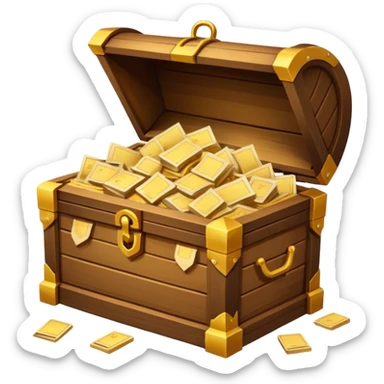 Glowing treasure chest overflowing with paper documents, sparkles, minimal style sticker