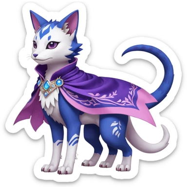 Kawaii white, indigo, purple, pink cute beautiful pretty elegant divine edgy feline-vernid-sergal-Fakémon-Pokémon-Digimon-fursona-animal-creature, full body, with intricate detailed markings, Embroidered capelet, silken shawl sticker