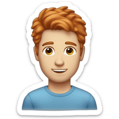 man with ginger auburn hair, stubble, one blue eye and one blue and brown eye sticker