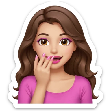 girl with long wavy brown hair, brown eyes, long lashes makeup, pink lips, light to medium complexion, pink sexy top, smiling, hand covering mouth, giggling sticker