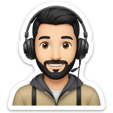 Smiling man with black hair, brown eyes, black beard wearing gaming headphones sticker