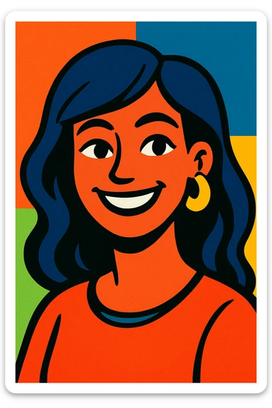 smiling woman, vibrant cartoon style sticker