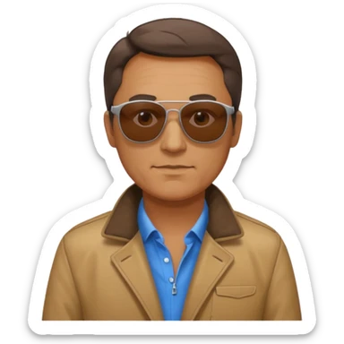 Middle-age man, brown jacket, sunglasses sticker