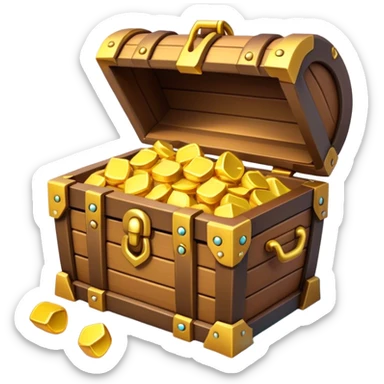 Clash of Clans aesthetic: Cinematic Playful Pixel 3D Treasure Chest Emoji, rendered in a 3D vector-style similar to standard emojis with minimal shading and bold, simplified shapes. A compact, distinct form with signature details, softly glowing with a pixelated adventure charm. Simplified yet unmistakably iconic, highly detailed and consistent, glowing with a soft radiance and high shine. Stylized with a touch of classic pixel-art charm and a soft glowing outline, capturing the essence of a beloved gaming relic with a friendly, playful manner! sticker