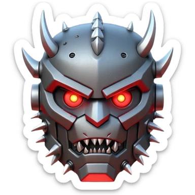 futuristic berserker war robot portrait, head and shoulders only, angry faceplate, jagged mouth grill, glowing eyes, spiked shoulder armor, scratched metal, intimidating look, 3D cartoon, mobile game icon style, clean background, no text, no watermark
 sticker