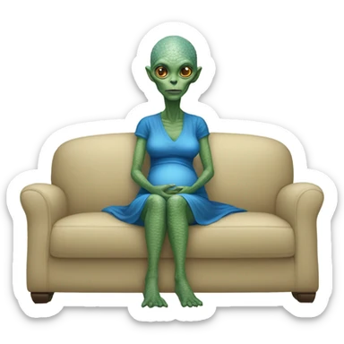 reptilian alien woman in blue dress, pregnant, sitting on beige couch sticker
